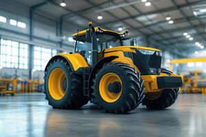 A yellow tractor is parked in a large warehouse photo