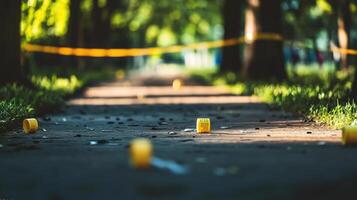 A Detailed Image of a Crime Scene with Police Tape and Evidence Markers for Legal and News Use photo