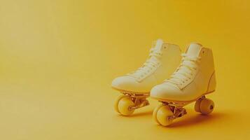 Classic Roller Skates on a Light Yellow Background for Vintage and Retro Themes photo