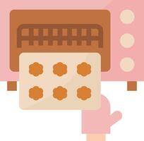 A person is holding a cookie sheet in front of a pink oven vector