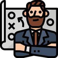 A man in a suit and tie is standing in front of a computer vector
