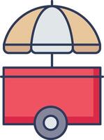 A red food cart with an umbrella on top vector