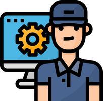 A man in a blue shirt and hat is standing next to a computer vector