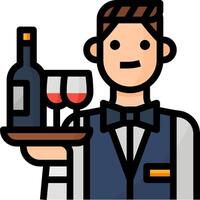 A waiter holding a tray with wine and a bottle vector