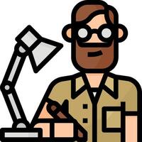 A man with glasses and a beard is holding a pen and a lamp vector