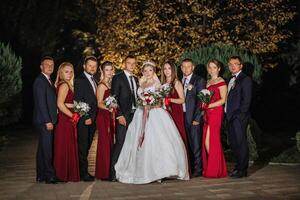 A group of people are posing for a picture, with a bride and groom in the center photo