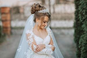 A bride is standing in front of a gate with a tiara on her head photo