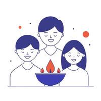 Candid shot of a family creating a glowing Diwali decoration together with a focus on their happy faces and the festive scene vector