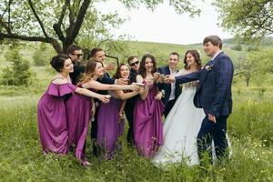 A group of people are posing for a picture, with a bride and groom in the center photo
