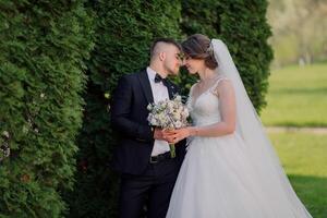 A bride and groom are standing in front of a hedge, holding hands and smiling photo