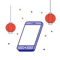 Smartphone on Holographic Surface with Lanterns vector