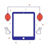 Tablet with Holographic Rabbits and Lanterns vector