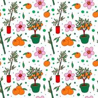 Botanical seamless pattern, endless ornament. Green bamboo sticks and leaves, orange tree and flowers isolated on a white background. Wallpapers, backgrounds, print, textile, wrapping, papers, fabric vector