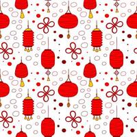 Red Paper Lanterns and Knots Seamless Pattern. Chinese New Year, Lunar New Year, endless ornament. Colorful vibrant elements on a white background. Wallpapers, textures, backgrounds, prints, papers vector