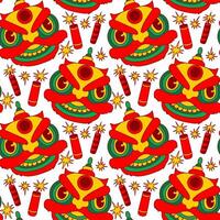 Lunar New Year seamless pattern. Street festival endless ornament. Firecrackers and lion mask dance motif, Chinese New Year, isolated, white background. Wallpaper, background, print, wrapping, papers vector
