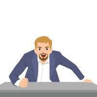 Angry man suffering from overwork and paperwork sitting at office desk. vector
