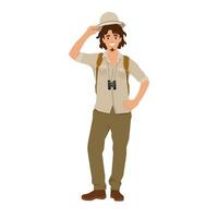 Man in safari outfit wearing cork hat. vector