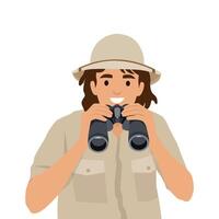 Man ranger with binoculars is watching animals in wild being in national reserve. vector