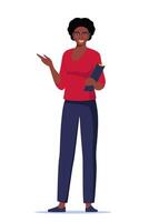 Black woman introduce, show and present something. Business speaker standing with clipboard and pointing direction, gesturing with arm. illustration. vector
