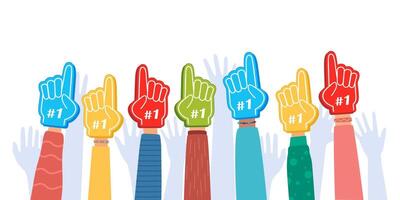 Fan foam fingers. Hands up with glove with number one, stadium supporter pride accessory, football victory symbol. Best sport team cheering, first place in competition. illustration. vector