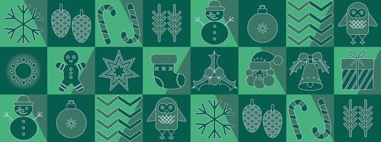 a green and white pattern with various christmas items vector