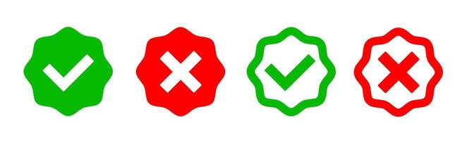 Yes or no symbol, approved or rejected icon for user interface. Green check mark and red cross. Correct or incorrect icons. vector