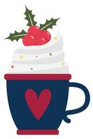 Flat icon of ice cream in a glass cup with a holly berry isolated on white background. vector