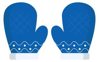 Blue knitted wool mittens flat icon isolated on white background vector