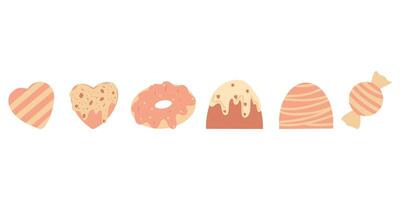 Set of sweets in peachy color on white background, illustration, candy, donut, cupcake vector