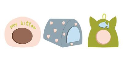 Set of three cat houses. Cozy for sleeping. Interior items for animals. Design for stores with pet products. Home life of a cat. vector