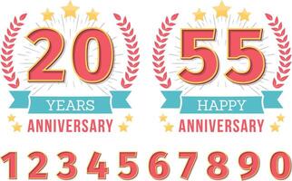 Anniversary emblem with ribbon, stars and laurel wreath, create your anniversary emblems, set of numbers included vector