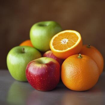 A balanced arrangement of fresh apples and oranges on a clean, simple background, symbolizing healthy dieting photo