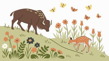 Wildflower Meadow with Grazing Bison, Deer, and Birds vector