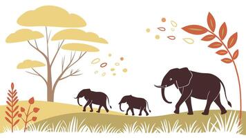 Elephants with Calves in Open Grassy Plains with Calm Atmosphere vector