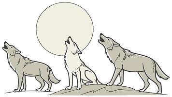 Pack of Wolves Howling Under a Full Moon vector