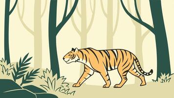 Tiger Walking Through Dense Forest Scenery with Wildlife vector