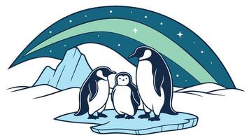 Group of Penguins Huddling on Ice Under the Aurora vector