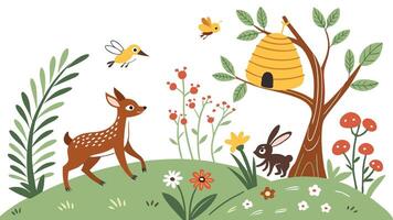 Beehive and Forest Animals Interacting with Lush Greenery vector