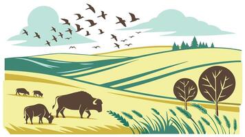 Open Prairie with Grazing Bison and Flocks of Birds vector