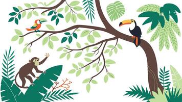 Tree Canopy View with Monkeys, Toucans, and Tropical Wildlife vector