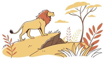 Majestic Lion Standing on Savanna Grass with World in View vector
