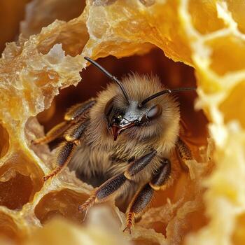 A close-up of a bee inside a honeycomb, with its body nestled in the hexagonal cells photo
