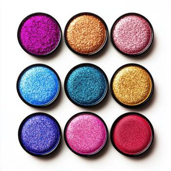 A close-up view of a variety of colorful eyeshadow pans, isolated on a clean white background photo