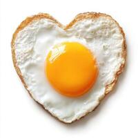 Fried egg in the shape of a heart isolated top view photo