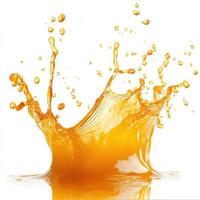 Orange juice splash isolated on a white background, with vibrant orange liquid splashing in dynamic, curved arcs photo