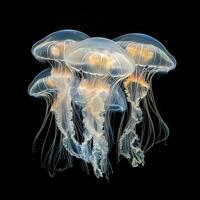 A group of compass jellyfish, gracefully floating against a black background photo