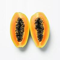 two half cut of ripe papaya with seeds isolated on white background photo
