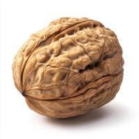 Close-up of a walnut with its rough, textured brown shell, isolated on a clean white background photo