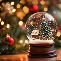 The snow globe contains a charming miniature winter scene, such as a Christmas tree or snow-covered village, with delicate snowflakes swirling inside photo