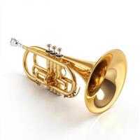 A classic brass horn isolated on a clean white background photo